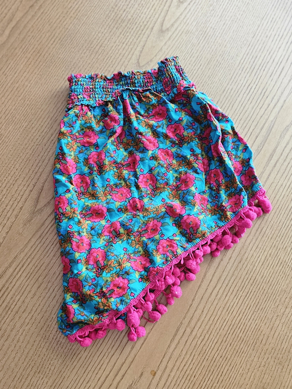 NATURAL LIFE Teal Floral High-Waist Shorts with Hot Pink Pom Pom Trim - Picture 5 of 5